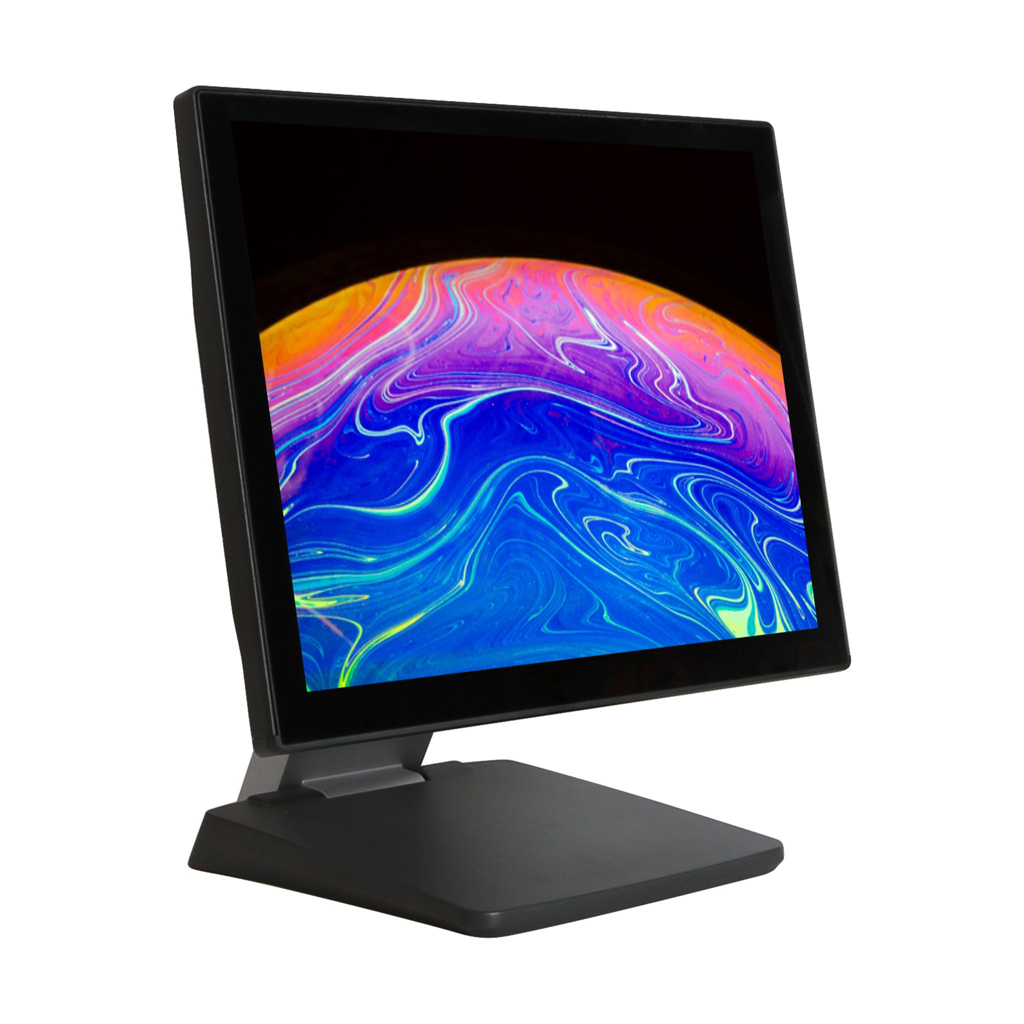 Schwarzer Touchscreen-Monitor mit buntem, abstraktem Display auf weißem Hintergrund