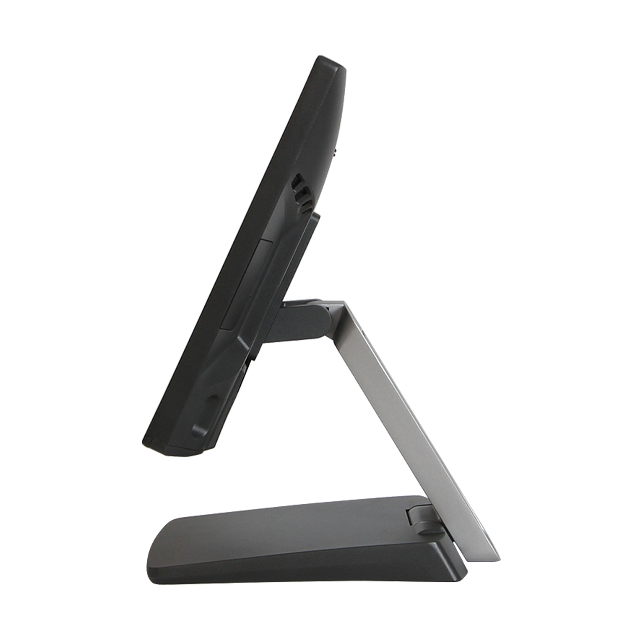 Seitenansicht eines modernen schwarzen POS-Terminals mit stabilem Metallständer.