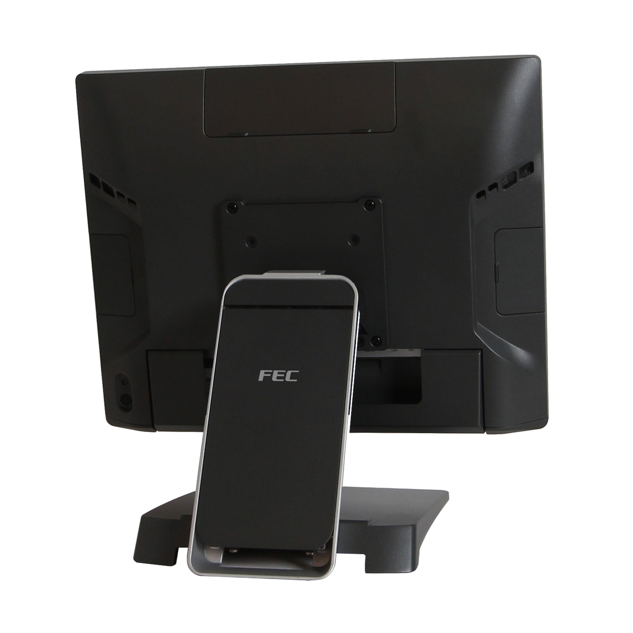 Rückansicht eines schwarzen FEC Touchscreen-Displays auf Standfuß, Kassenmonitor