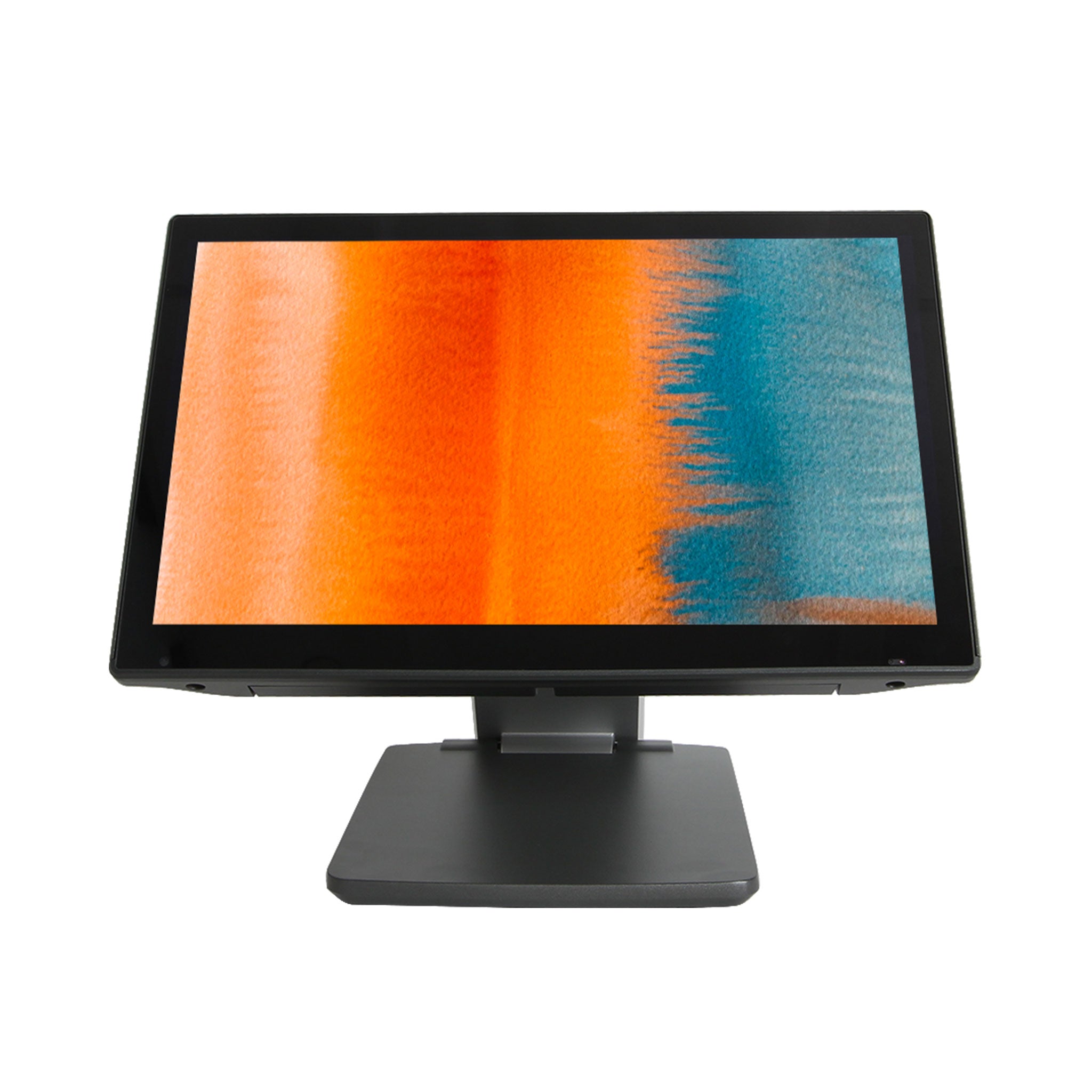 Schwarzer Touchscreen Monitor auf Ständer, Bildschirm mit orange-blauem Muster