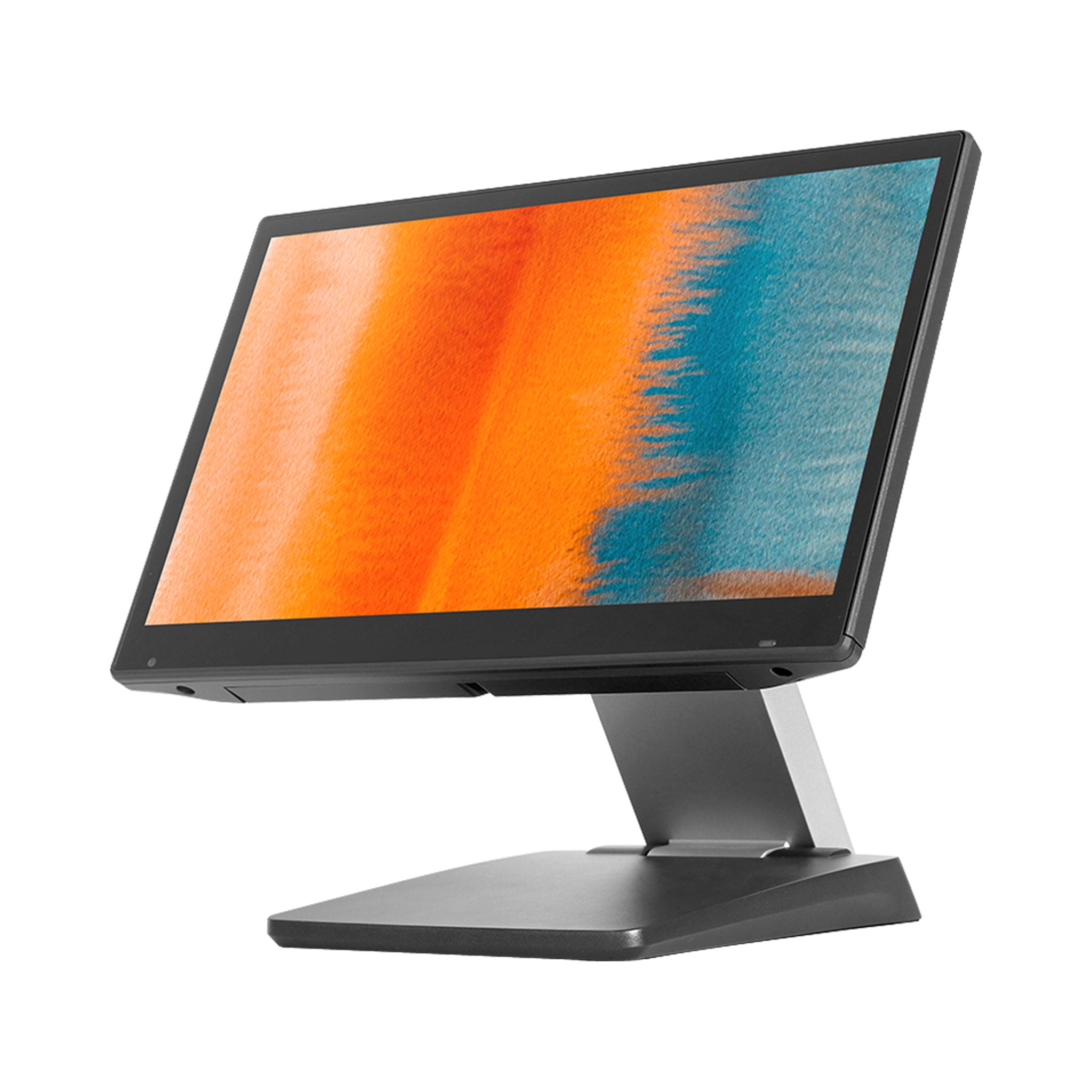 Flacher Touchscreen-Monitor mit stabilem Standfuß, modernes Display, Seitenansicht