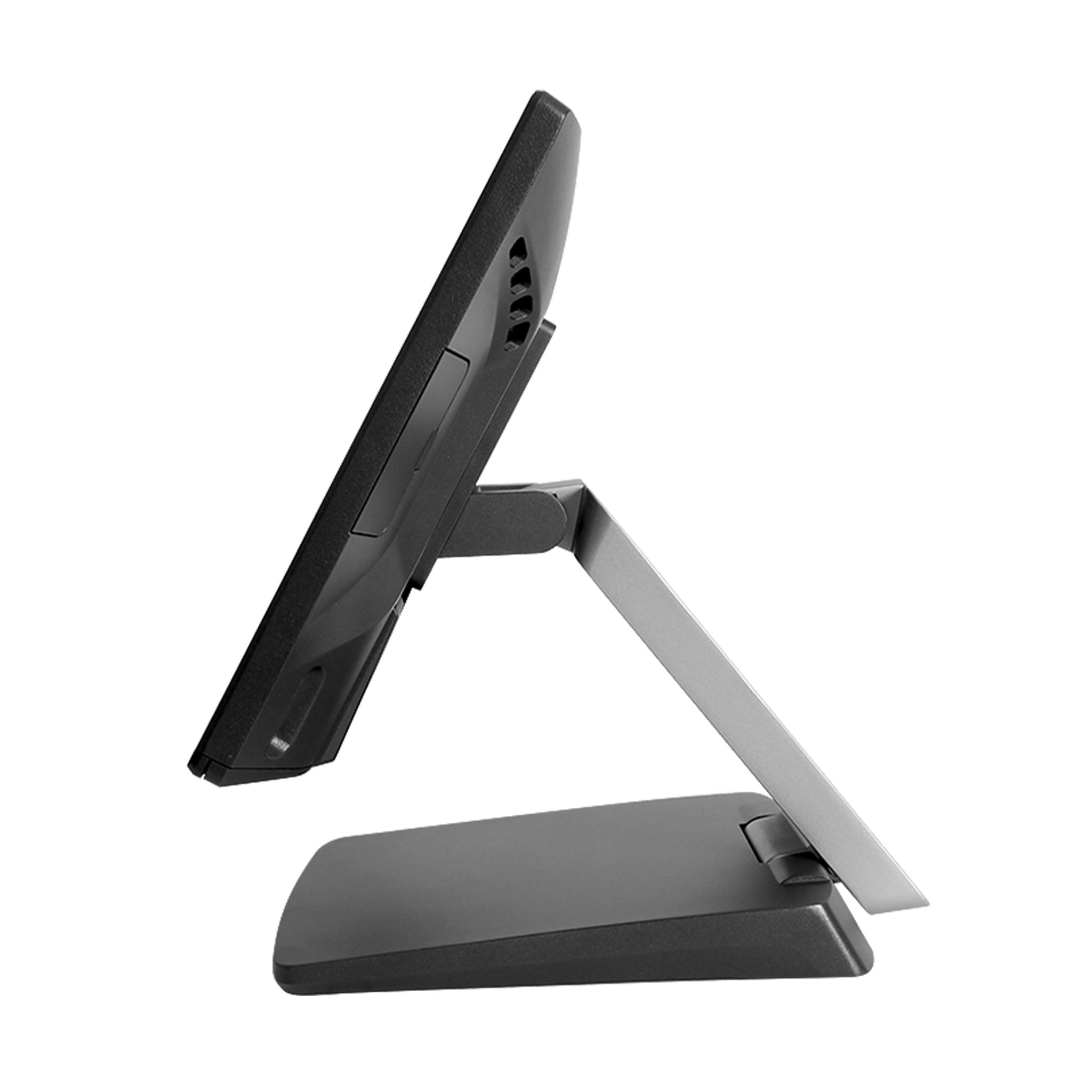 Seitliche Ansicht eines modernen POS-Terminals mit schwarzem Display und stabilem Standfuß