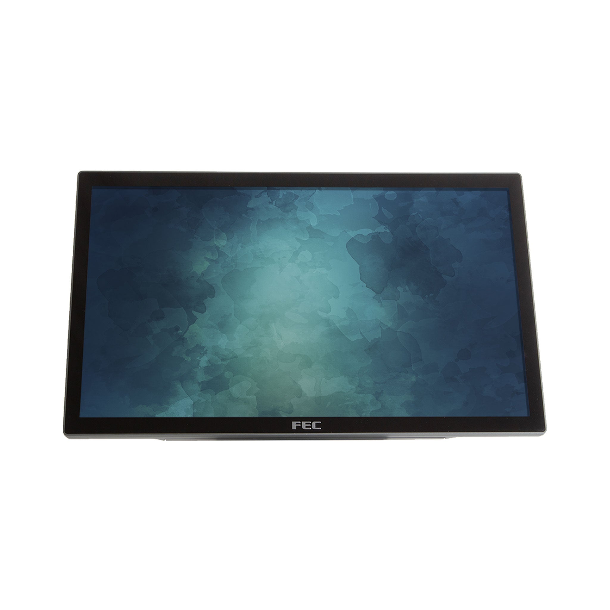 FEC Touchscreen Monitor mit schwarzem Rahmen, Display mit abstraktem blauem Hintergrund