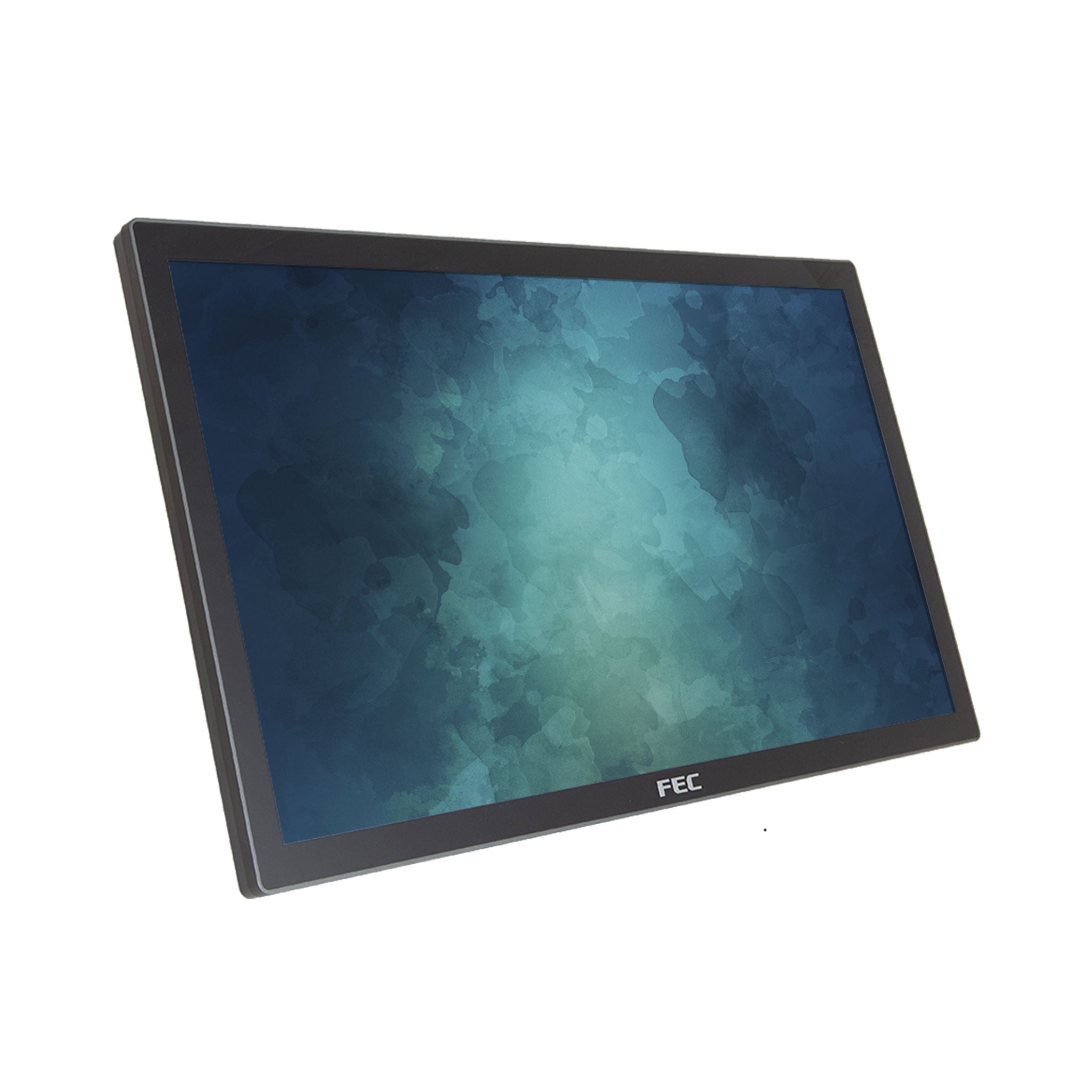 Flacher FEC Monitor mit schwarzem Rahmen, Display eingeschaltet, auf weißem Hintergrund