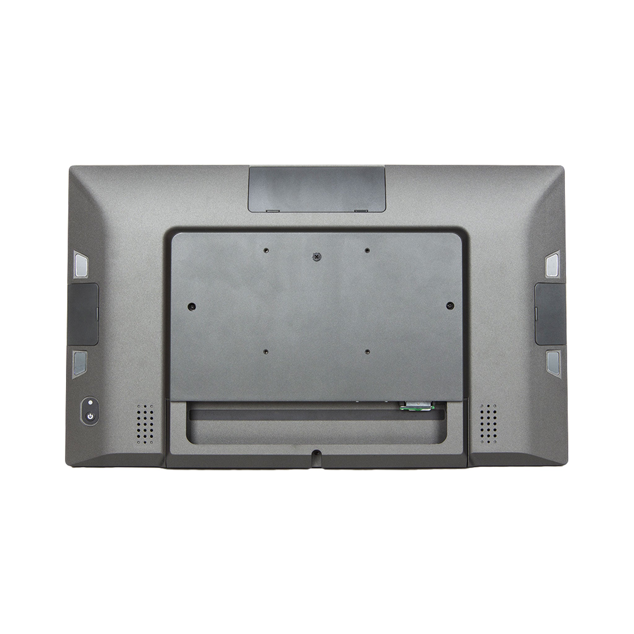 Rückseite eines grauen Industrie-Touchmonitors mit Montageschlitzen und Lautsprechergittern