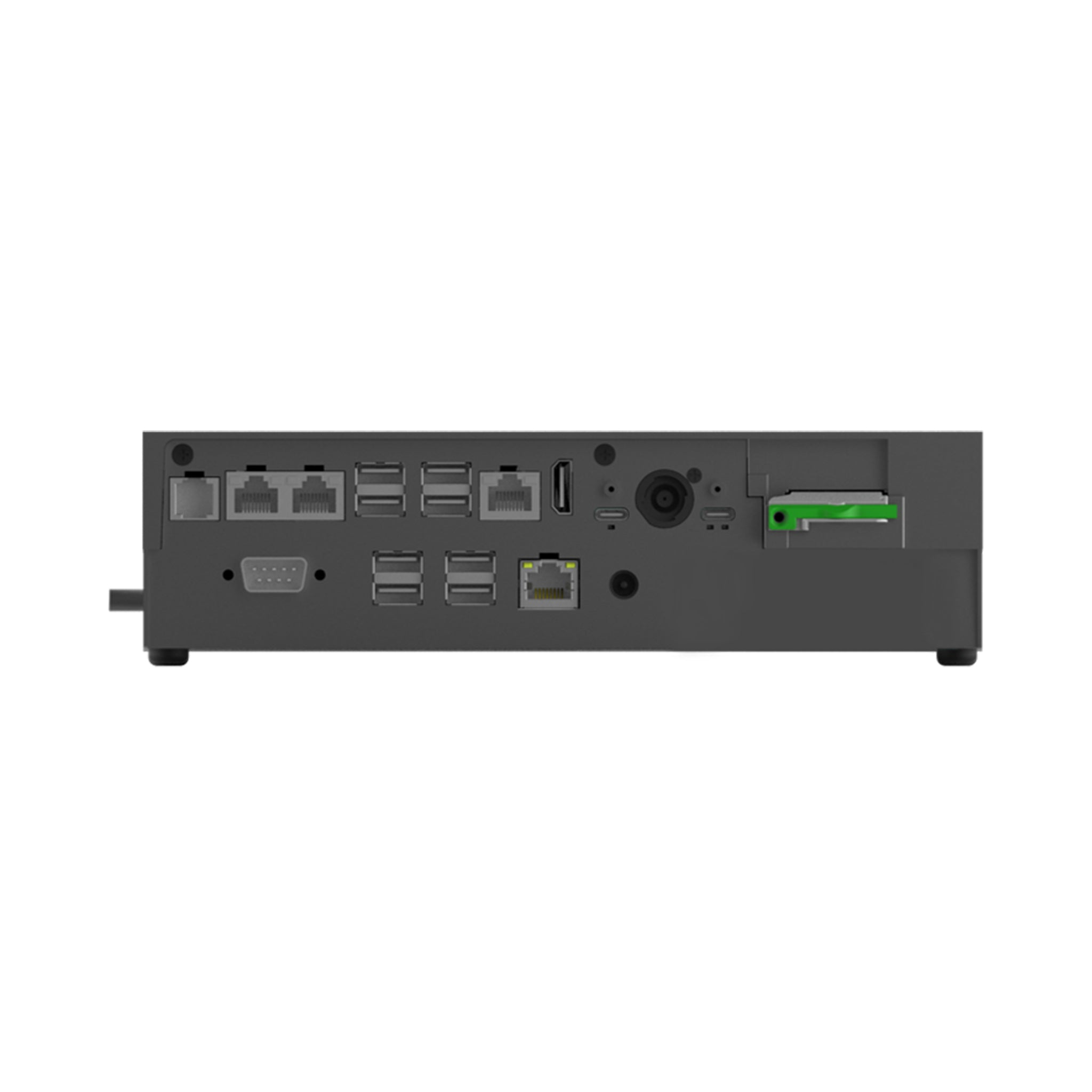 Industrie-PC Rückseite mit vielen Ethernet-, USB- und VGA-Anschlüssen, SD-Kartenslot